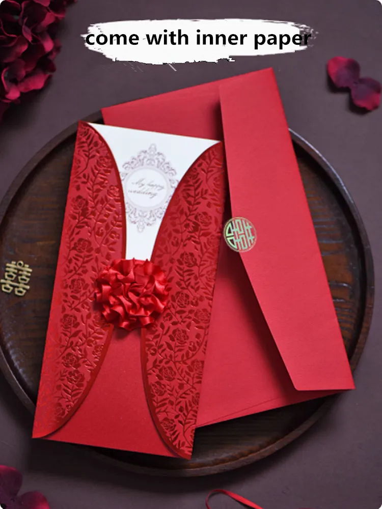

Red Elegant Flower Wedding Invitations 3D Laser-cut Invitation Card with Envelope seal 10pcs/lot