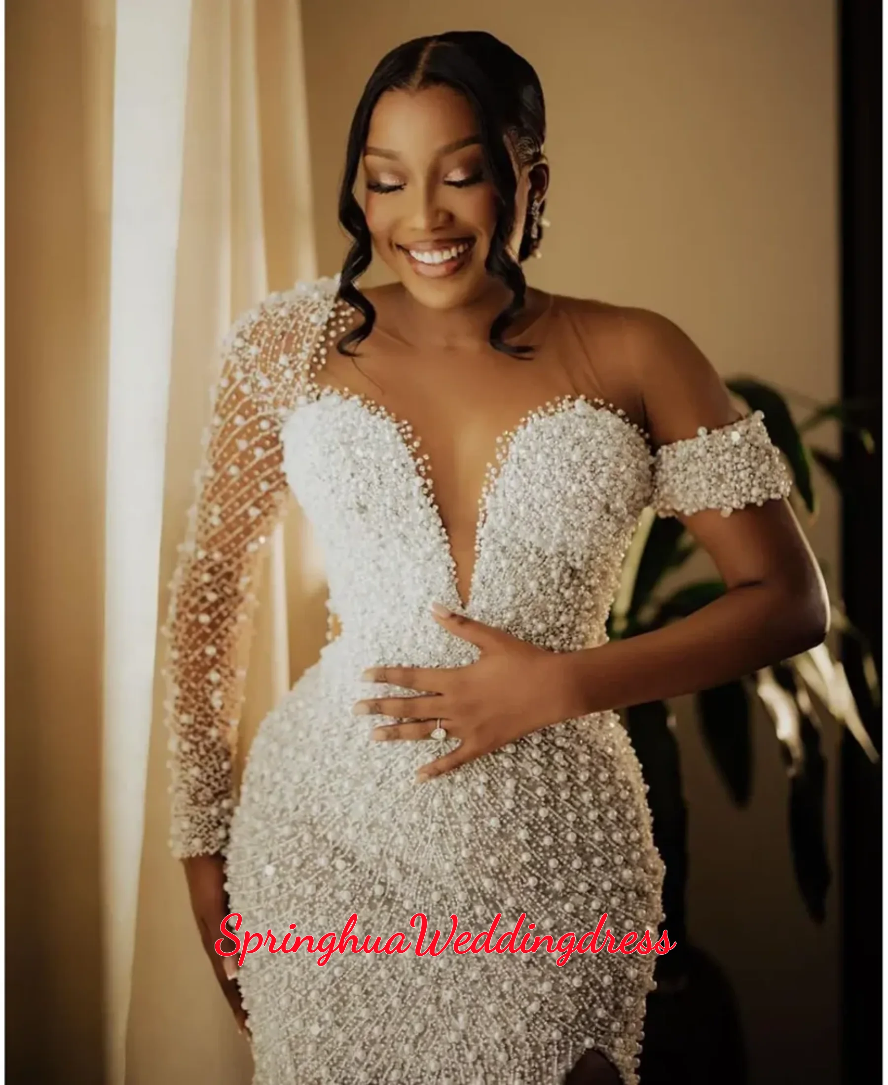 Customized New Sparkly Pearls Beads Wedding Dress for Bride Robe De Mariée Long Sleeves Bridal Gown with Removable Skirt