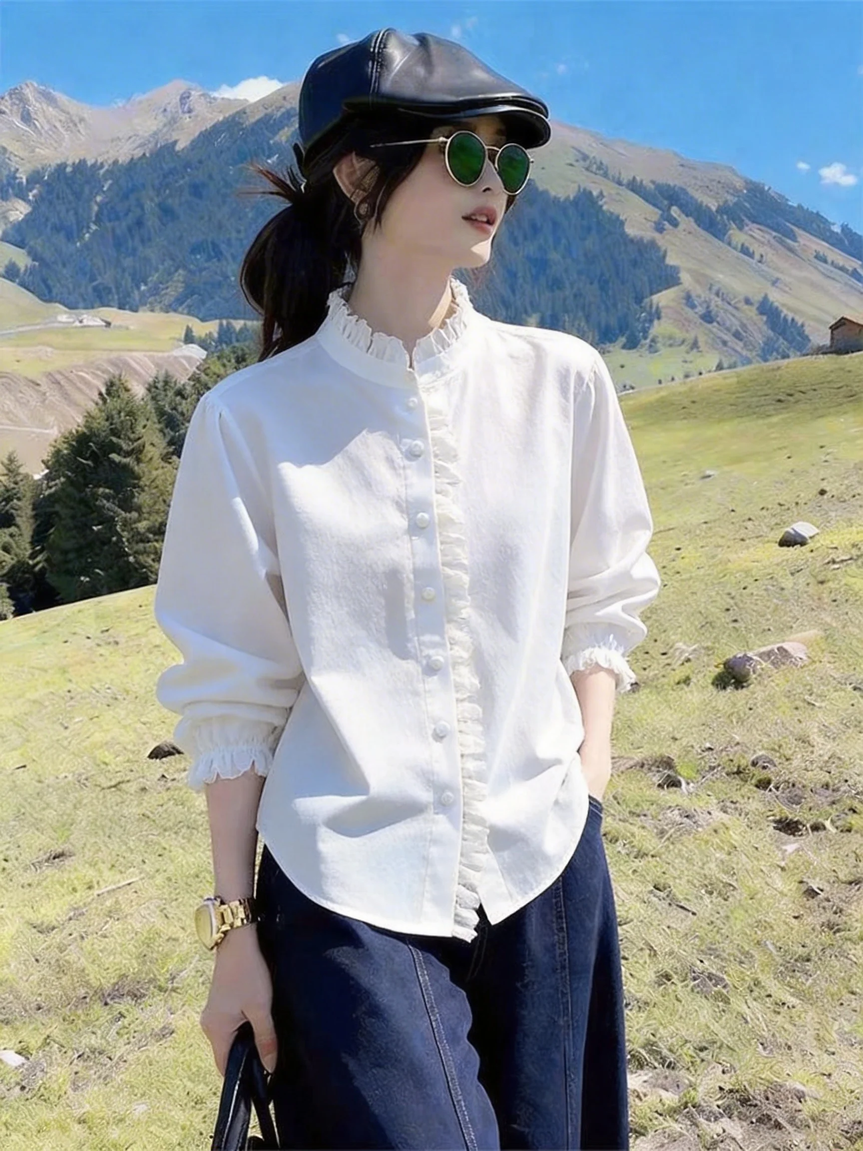 

Элегантная белая женская рубашка с длинным рукавом, воротником-стойкой, из смесового хлопка, в деловом стиле, модный дизайн с текстурой под дерево