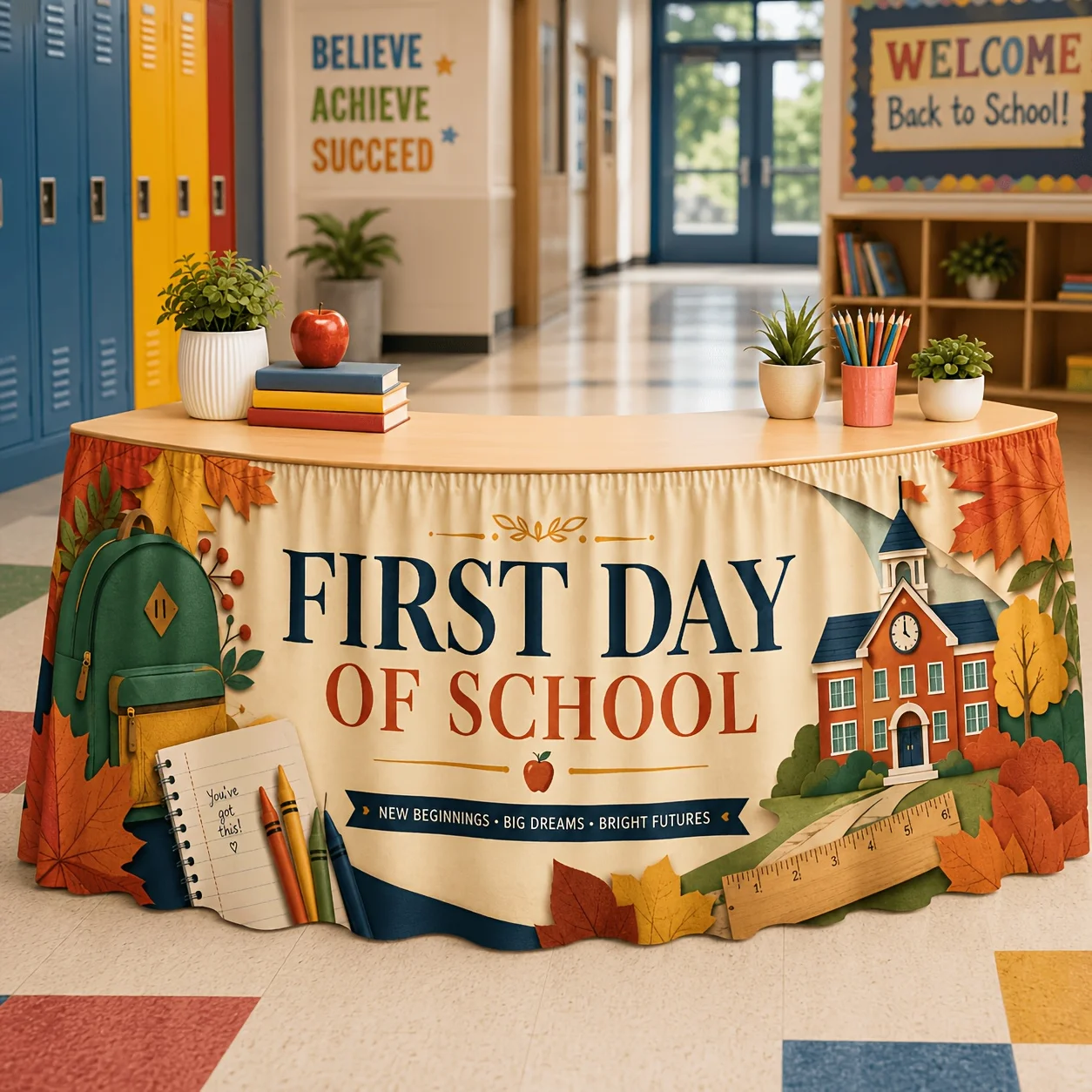 One tablecloth and table skirt. The table skirt is for the first day of school. It's a maple leaf backpack and a notebook.