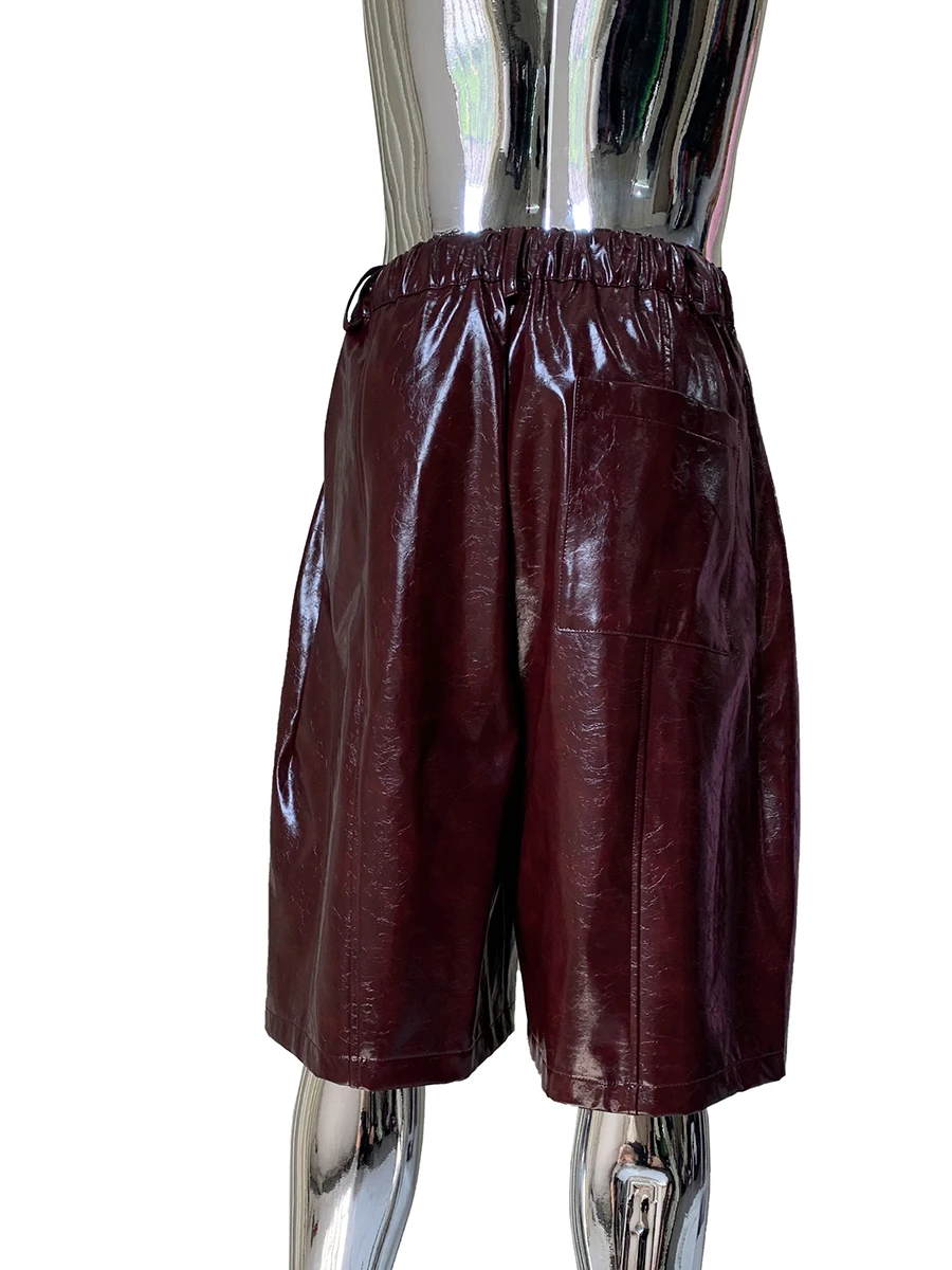 Mauroicardi Autumn Cool Handsome Waterproof Shiny Burgundy Pu Leather Straight Shorts for Men High Waist Luxury Designer Clothes