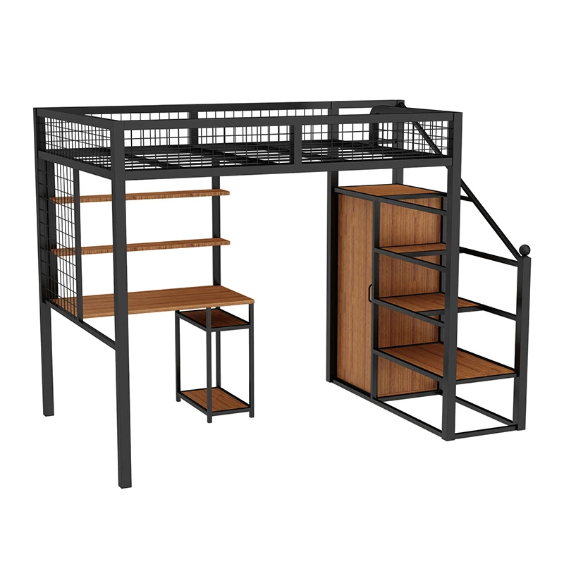 

Small apartment wrought iron elevated bed pavilion space saving multi-functional loft desk wardrobe combination upper bed