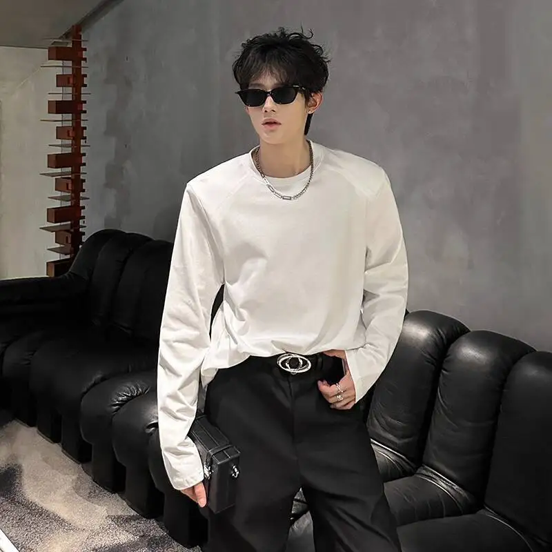 WTHT Fashion Men’s Solid Color Shoulder Pads Design Loose T-shirts Trendy 2025 Autumn Round Collar Casual Tops Male 2A2195