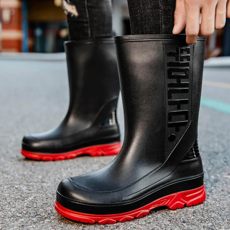 Fashion Men's Rain Shoes Waterproof Boots Comfortable Mid Calf Boots Rainproof Work Water Shoes Non-Slip Drawstring Rubber Boots