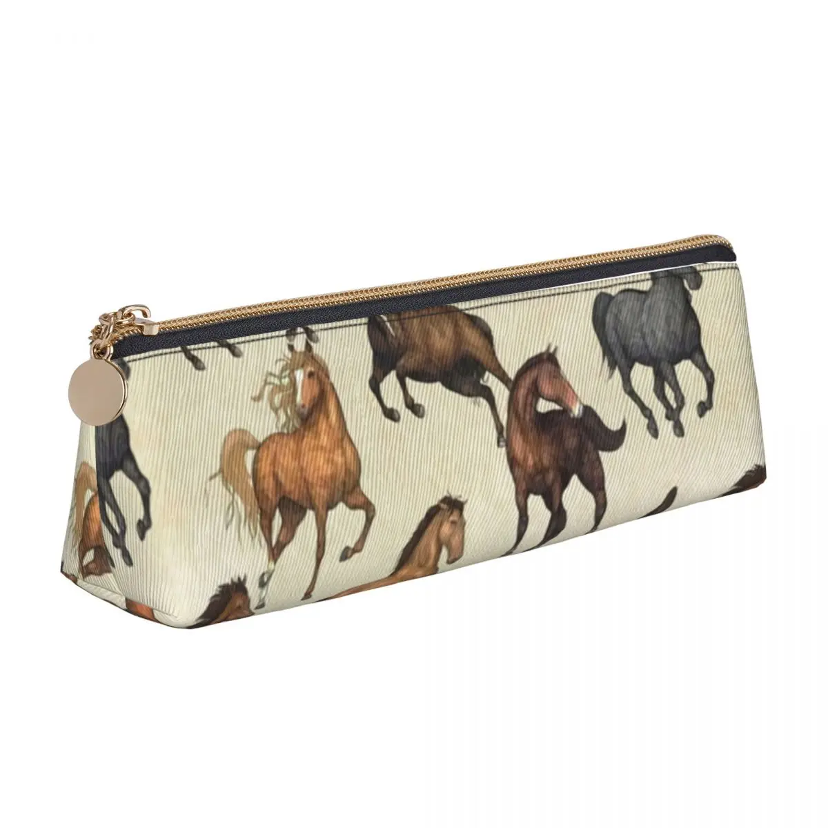 Sunset Horse Triangle Pencil Case Horses Riding Funny Elementary School Print Pencil Box Girls Boys Vintage Leather Pen Bag