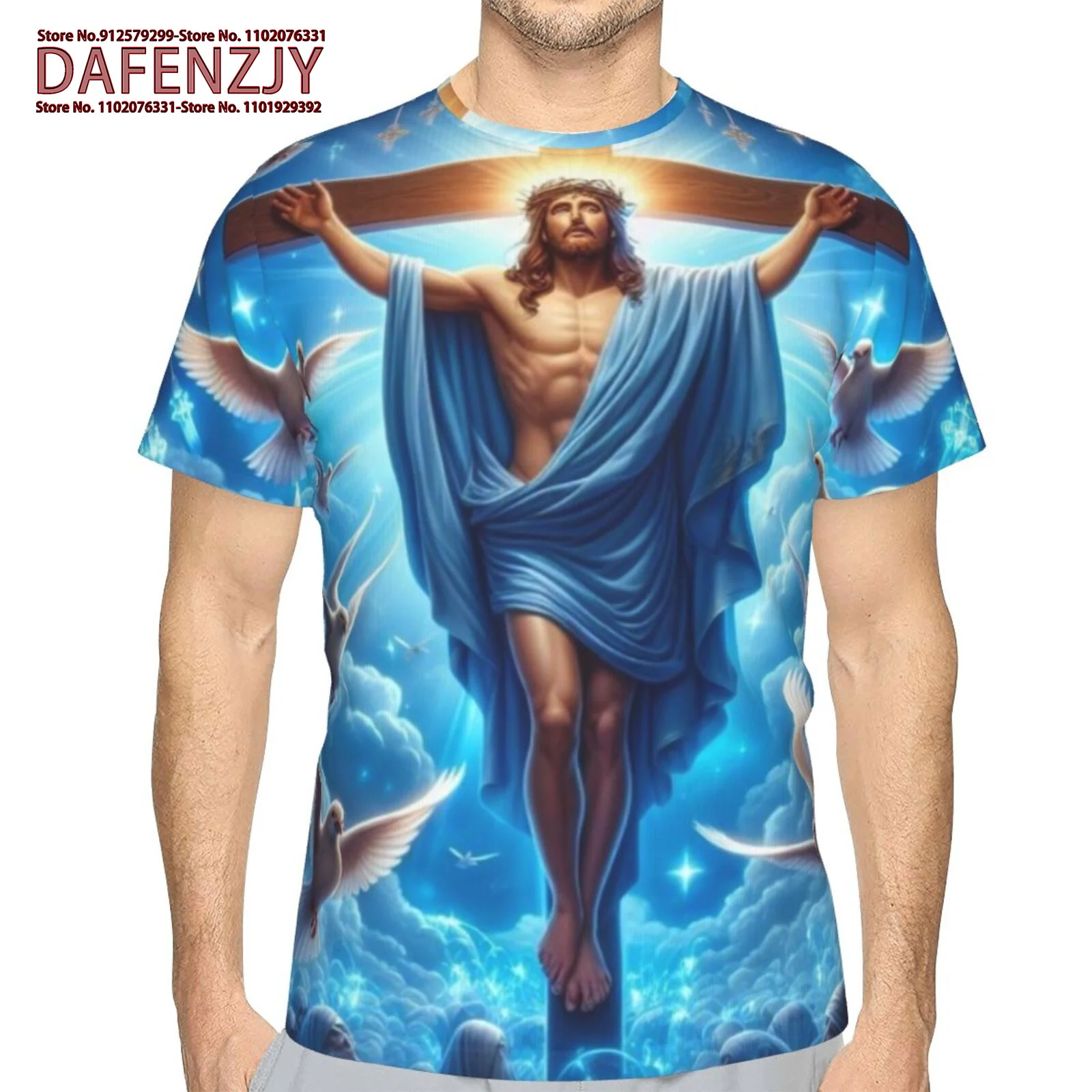 Jesus Christ Cross Print T Shirt, Tees For Men, Casual Short Sleeve T-shirt For Summer Loose Clothing Male Harajuku Retro Short-