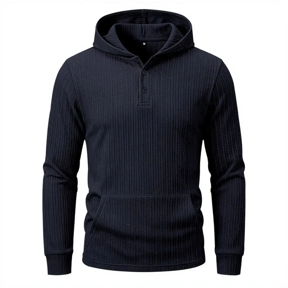 Mens Urban Style Hoodie Henley Long Sleeve Shirt Loose Fit Vertical Striped Pattern Breathable Casual Soft Top Apparel