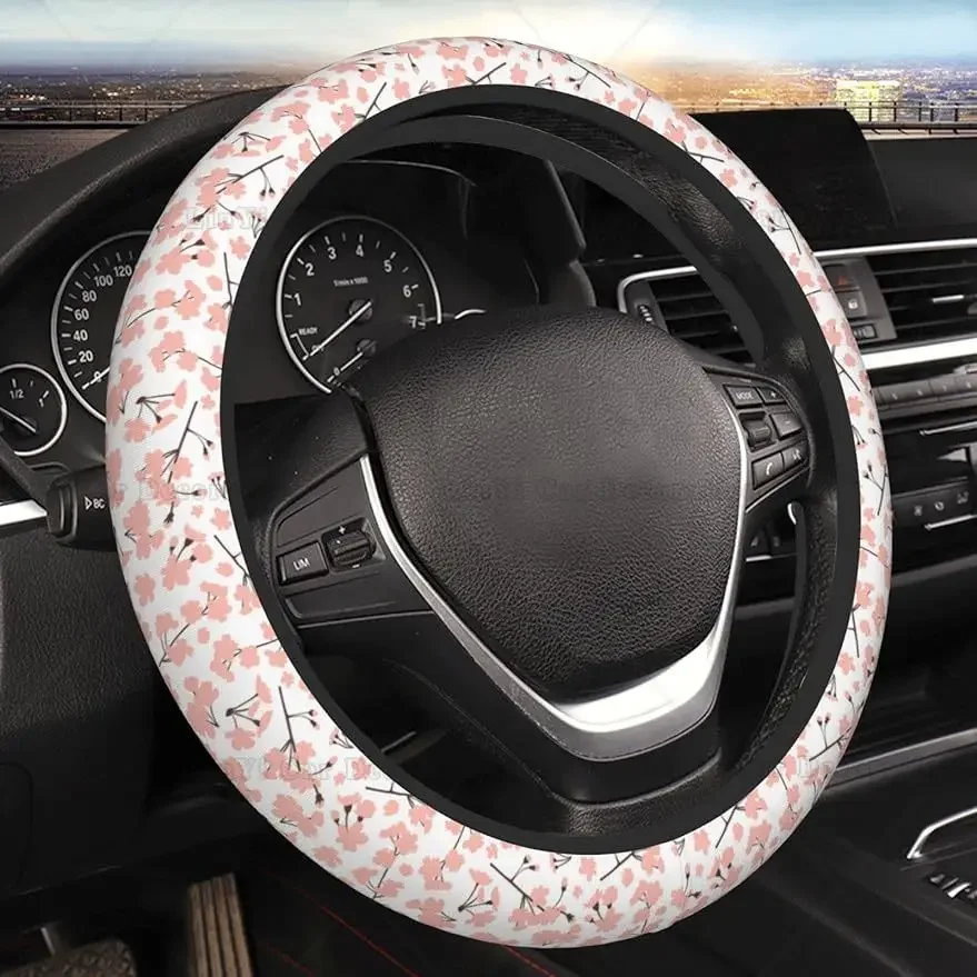 Cherry Blossoms Steering Wheel Covers Floral Pattern with Pink Sakura Flowers Neoprene Anti Slip Steering Wheel Cover 15 inch