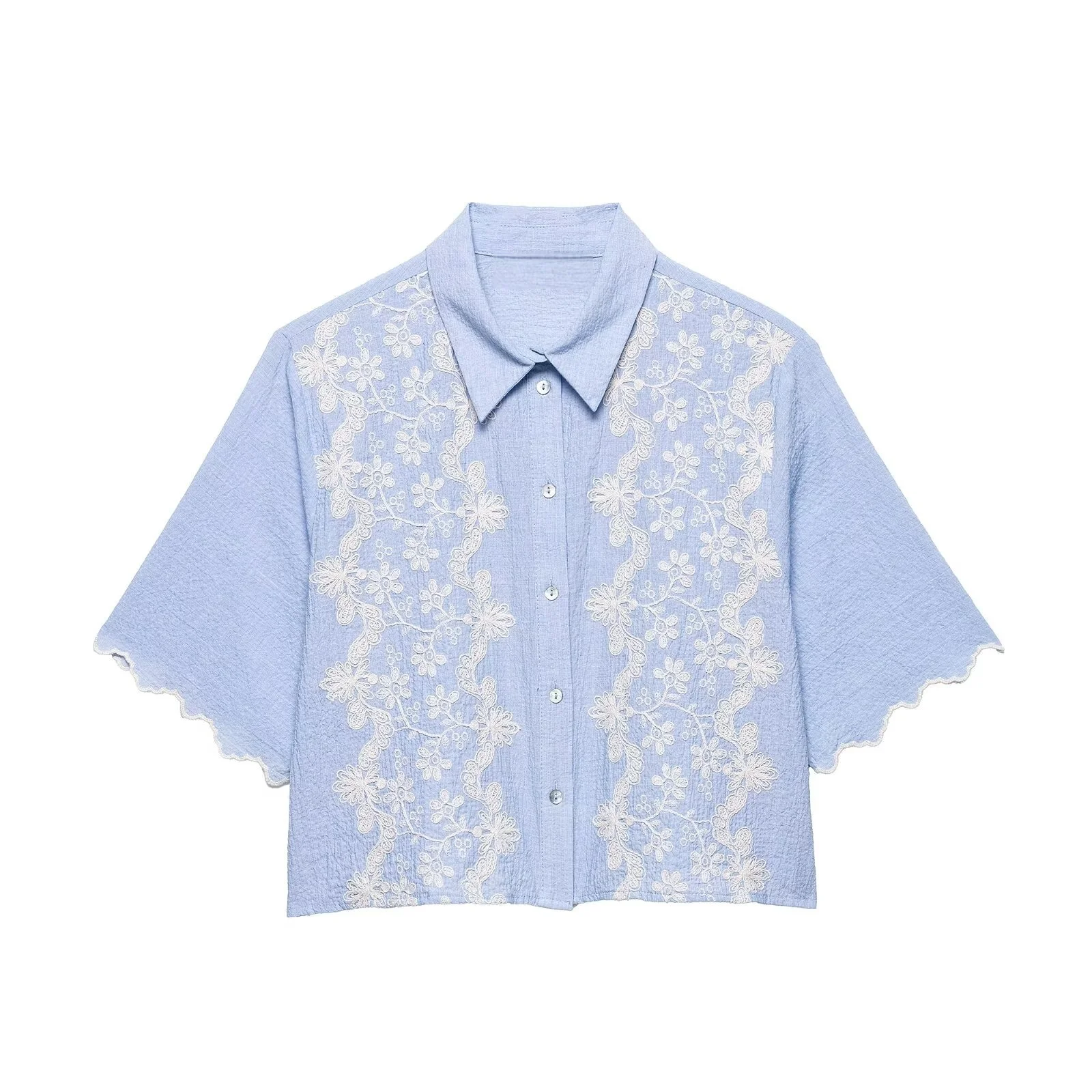 

PB&ZA summer new women's clothing contrast color embroidery fashionable all-match small fresh short-sleeved lapel short shirt