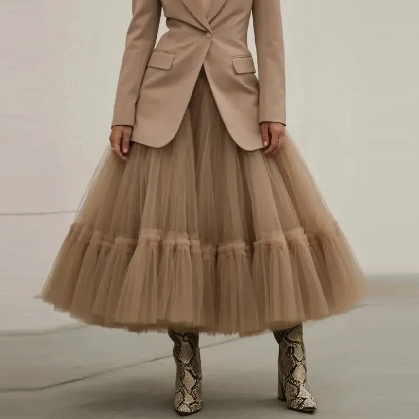 

New Couture Long Women Skirts Ankle Length Maxi Skirts Tulle Khaki Skirts Women Lush jupe femme