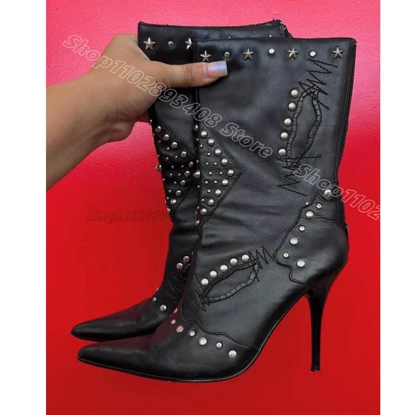 

Black Rivet Decor Short Boots Stiletto Pointed Toe Back Zipper British Style Matte Leather Women Dress Boots Zapatos Para Mujere