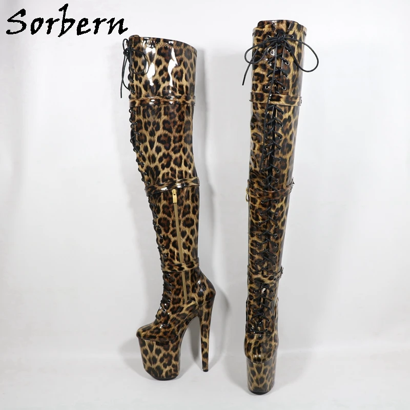 Sorbern Brown Lepoard Mid Thigh Boots Women Stripper Heel 20Cm Pole Dance High Heel Shoes Custom 15Cm 17Cm 23cm Wide Legs