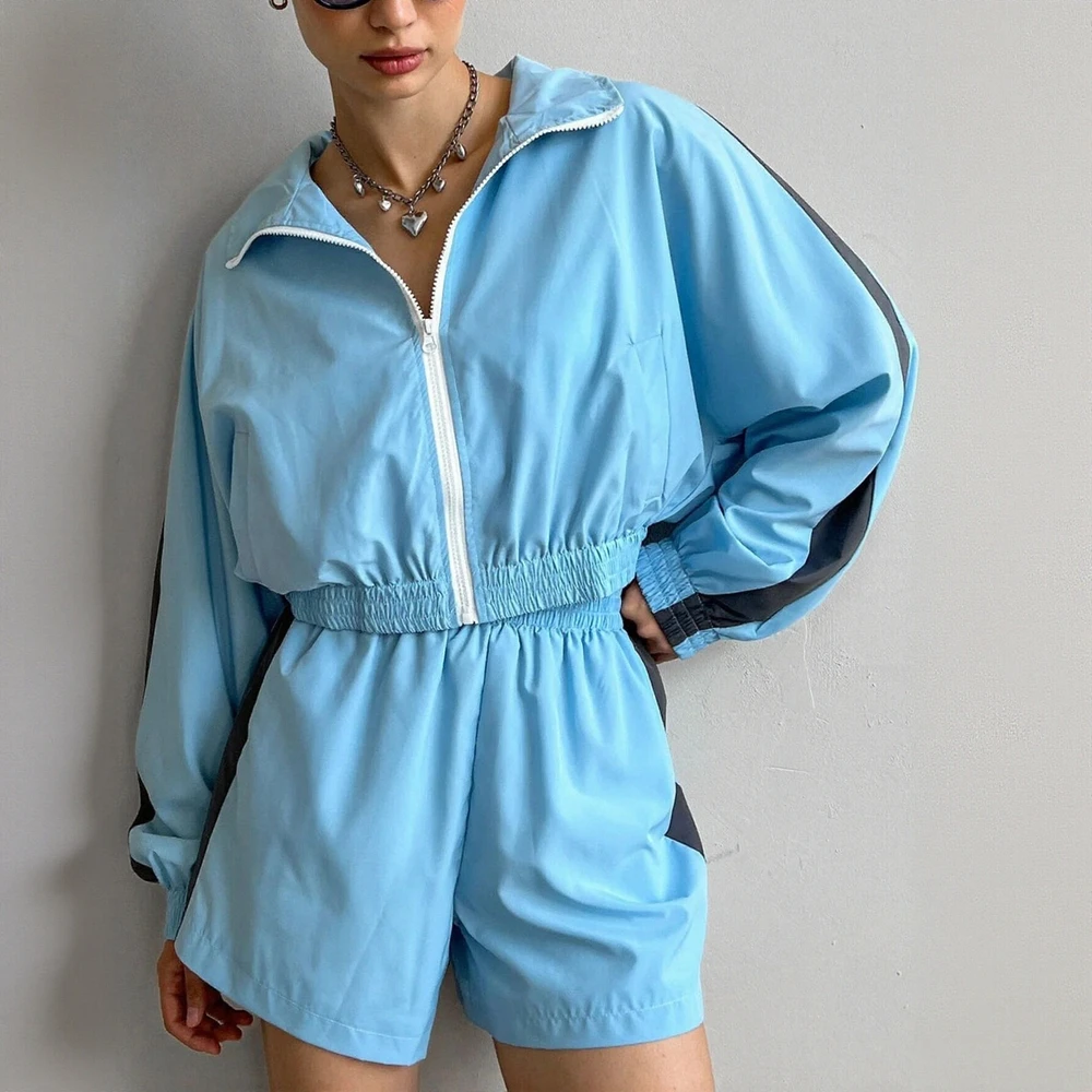 Dames elegant chic sweatshirt met lange mouwen en rits en A-lijn elastische taille shorts set herfstmode basisoutfit