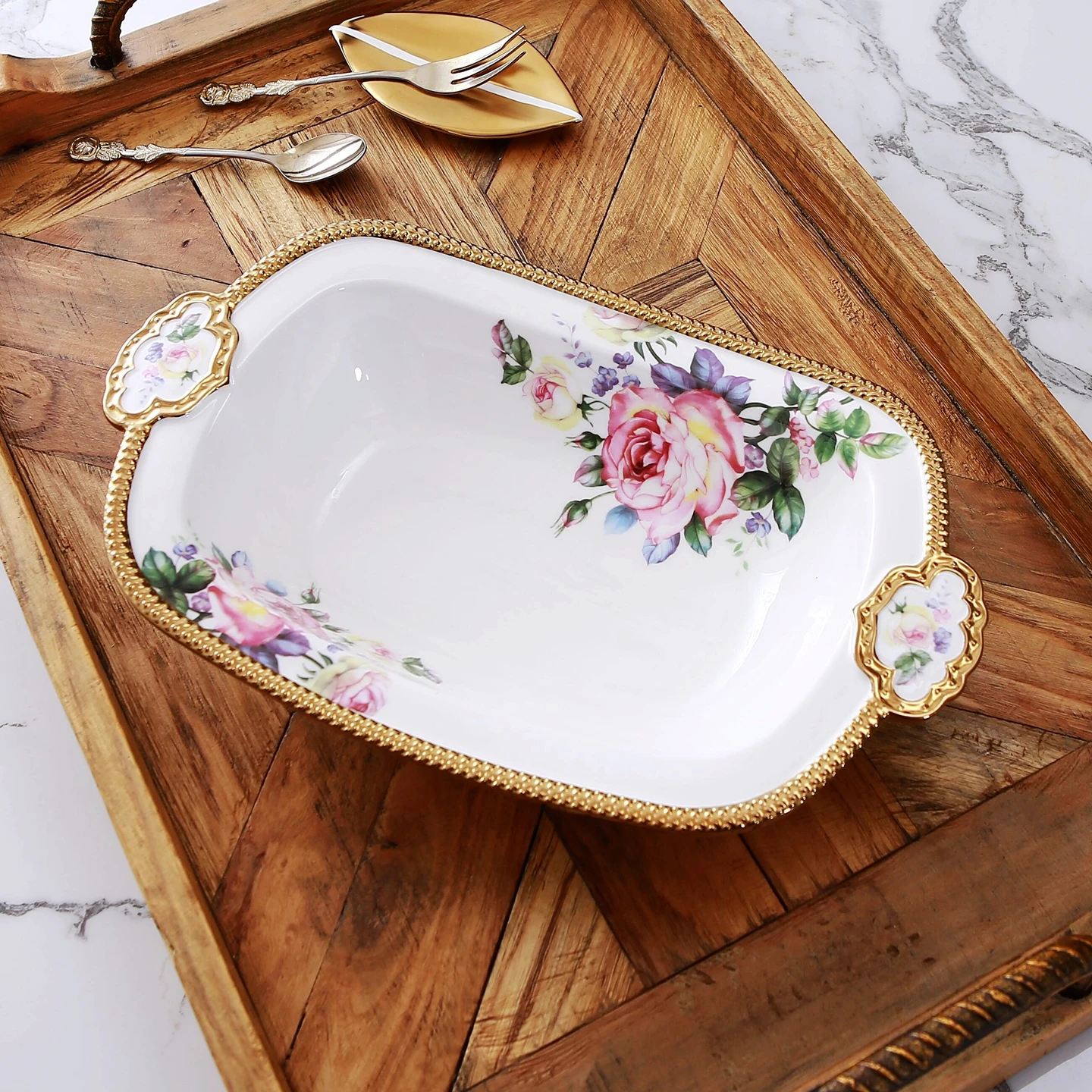 New Double Ruyi Gold Plated Rose Flower Double Eared Plate Villa Clubhouse Chinese Afternoon Tea Plate