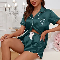 Women's Satin Pajama Set Summer Short Sleeve Lapel Tops with Shorts Sleepwear Pocket Heart Embroidery Nightwear Home Clothing