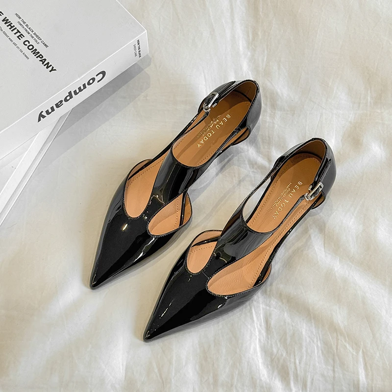 BEAUTODAY Elegant Pumps Women Patent Leather Pointed Toe Hollow Buckle Strap Thin Heels Ladies Shoes Handmade MS3D078