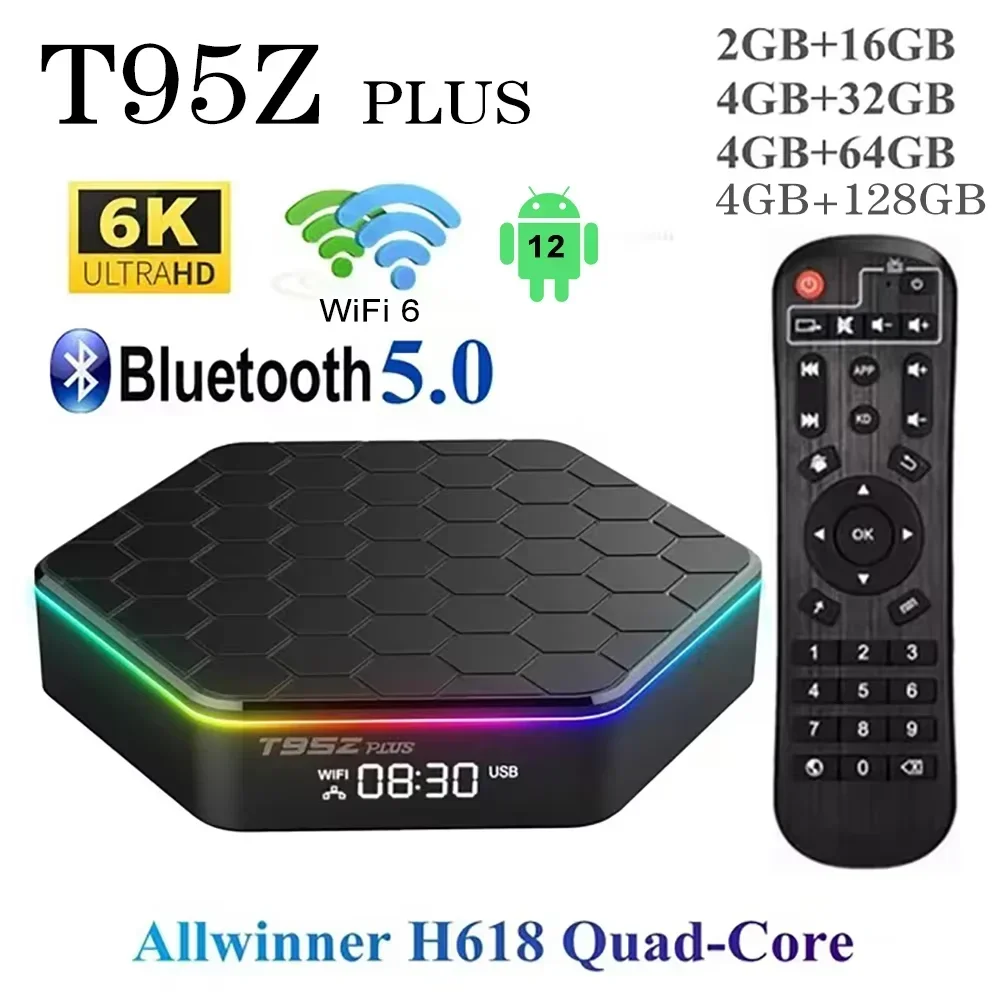 T95Z Plus Android 12 IPTV BOX Allwinner H618 Quad Core 4G RAM 64G ROM 5G double WIFI6 802.11ax BT5.0 6K décodage 3D 4K décodeur