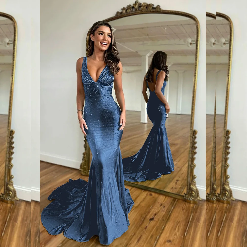

Элегантные синие вечерние платья без рукавов с v-образным вырезом и блестками, облегающие платья для торжественных случаев, женские банкетные вечерние платья