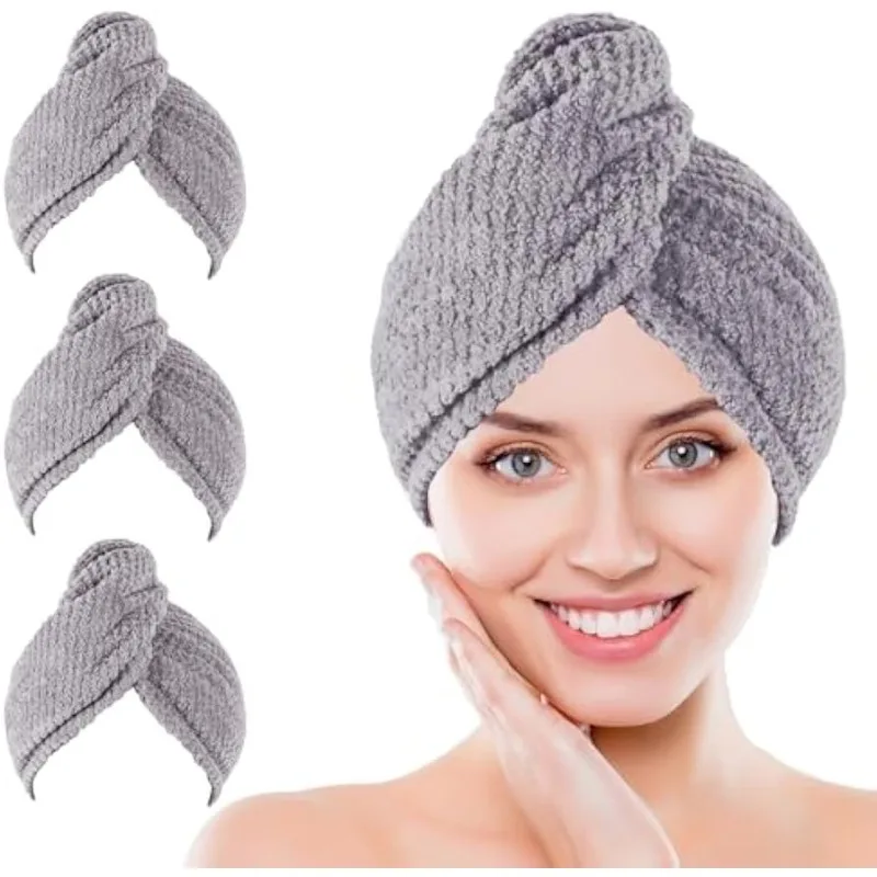 Super Absorbent Fast Drying Hair Towel Wrap Turban Cap for Women Long Curly Wet Hair, Bath Shower Home Travel Use, 3pcs/Set