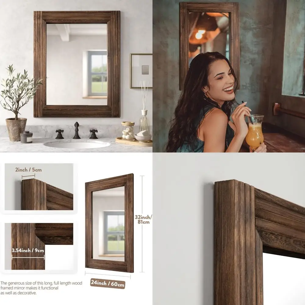 

YOSHOOT Деревянное настенное зеркало ручной работы для ванной комнаты, туалетное зеркало в деревенском стиле, настенное искусство для декора, каркас из цельного дерева, версия