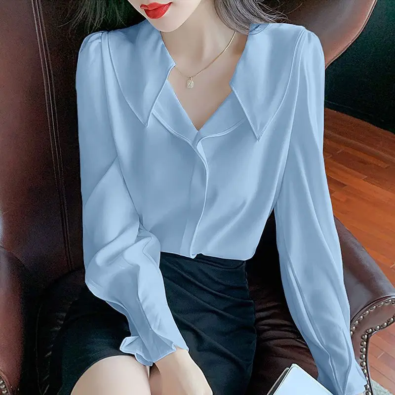 Elegante chiffon sólido solto blusa primavera outono nova manga longa com decote em v simplicidade camisa topos temperamento moda roupas femininas