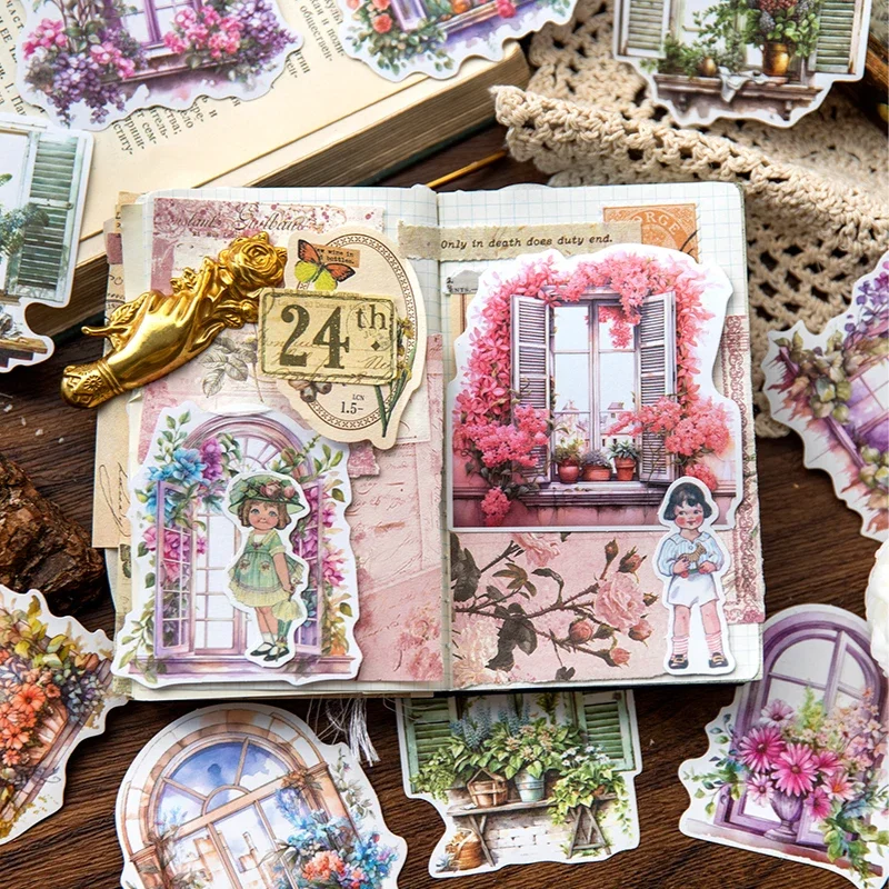 Journamm 10pcs/pack Creative Flowers Window Stickers Washi Paper Collage Junk Journal DIY Scrapbooking Decor Sticker Stationery