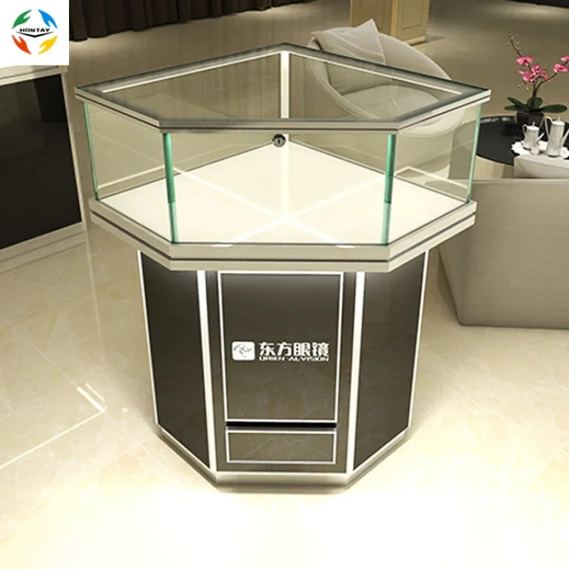 custom.Modern High-End Luxury Corner Glass Display Cabinet LED Light Metal Material Jewel Store Retail Shop or Mall Use