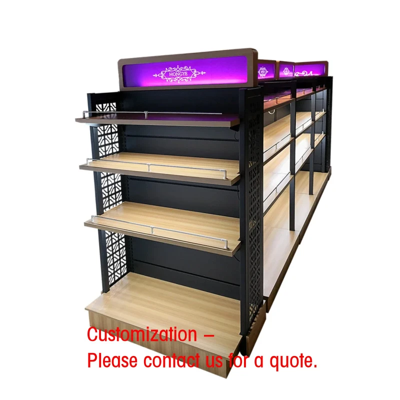 custom.China Factory Customized Advertising Display Stand Shelf Supermarket Wooden Gondolas Shelves