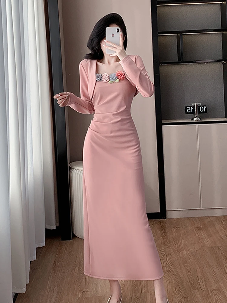 Elegante senhora moda conjuntos de vestido de duas peças outono cardigan jaqueta curta topo 2 peça conjunto feminino sexy sem alças vestido de comprimento médio ternos