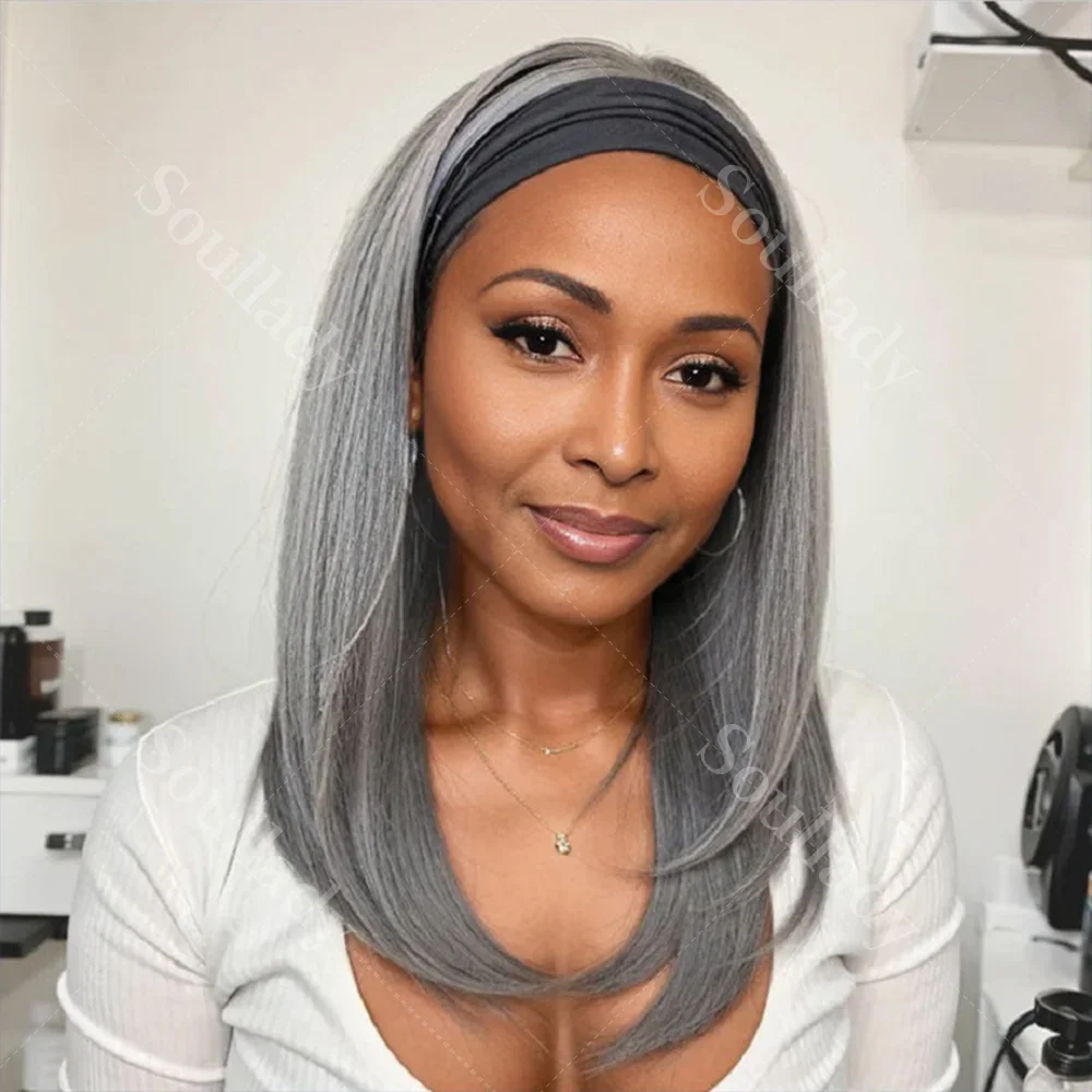 

Soul Lady Silver Gray Straight Hair Headband Glueless Wig Salt & Pepper Real Human Hair HD Lace Frontal Closure Wigs Gray Wig