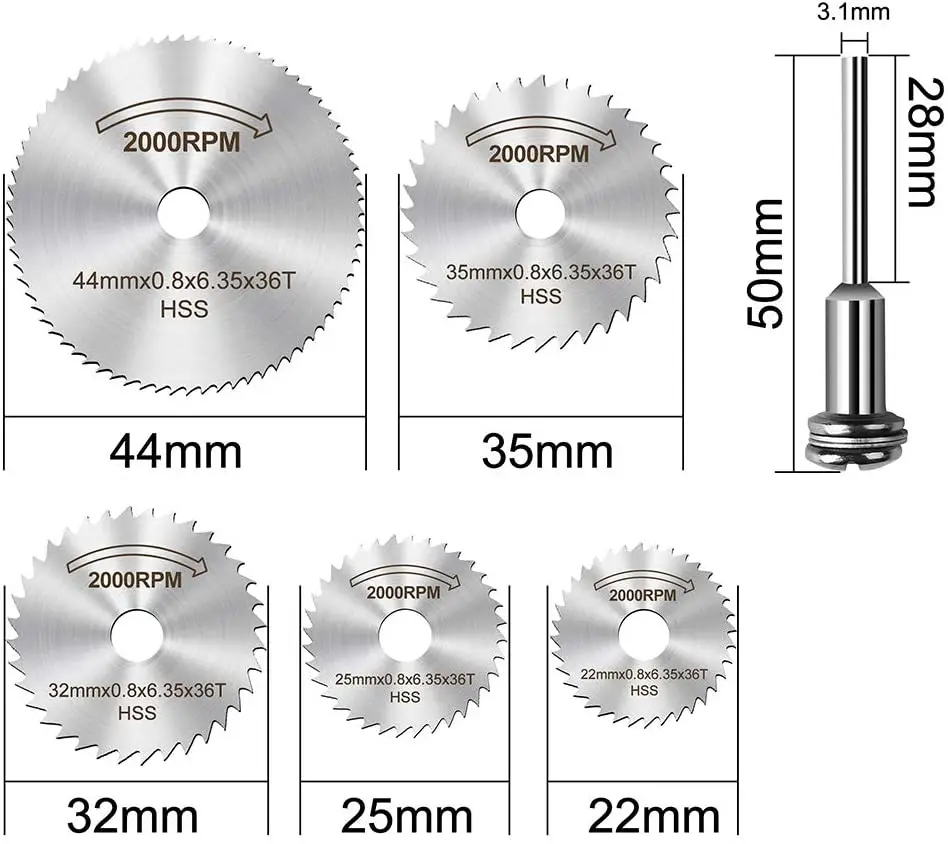6pcs 1/8 "gambo in acciaio ad alta velocità HSS sega a disco lame da taglio con mandrini per Dremel Fordom trapani utensili rotanti