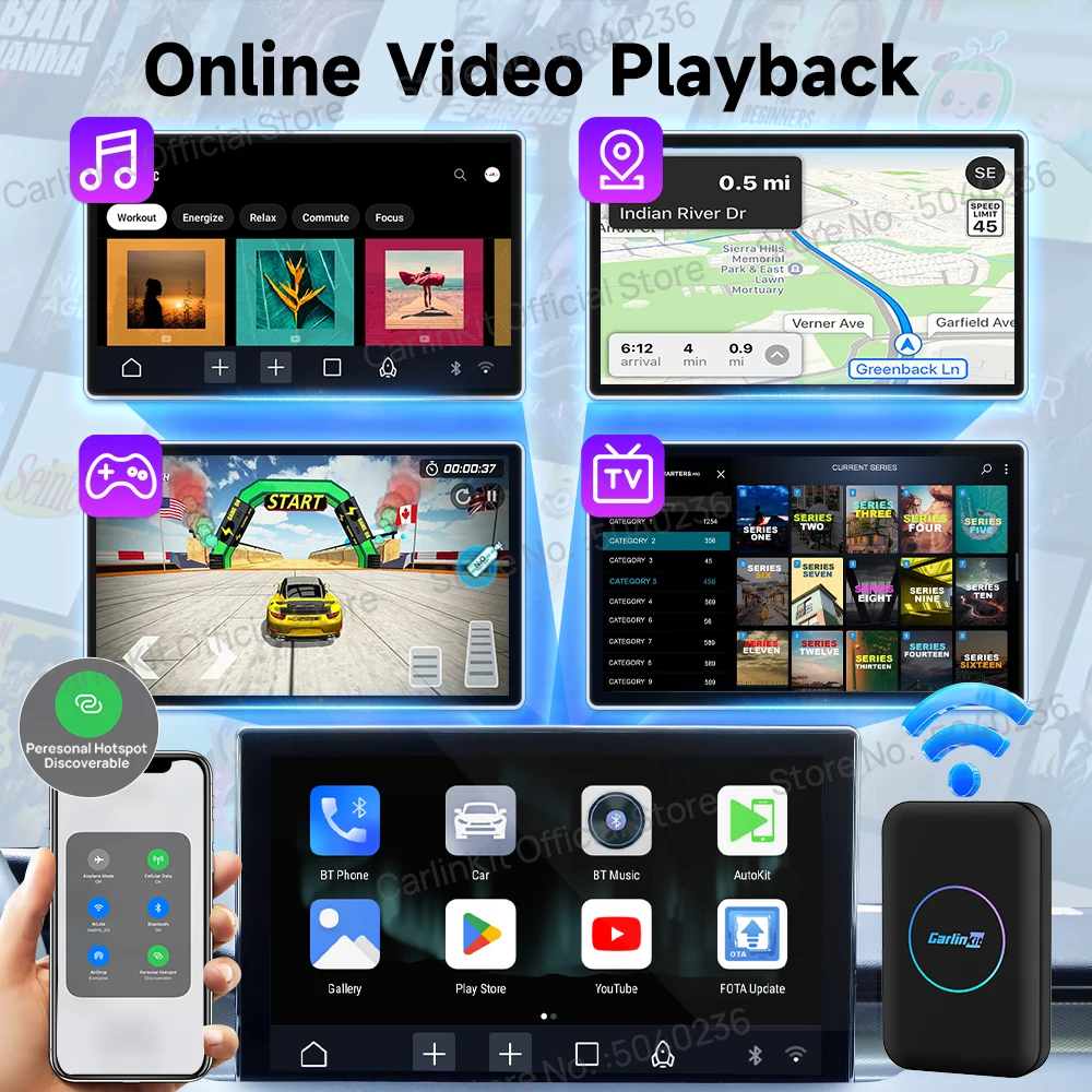 CarlinKit 5-In-1 Lite S Android TV Box CarPlay Ai Box Support Netflix Wireless CarPlay & Android Auto HDMI USB Device Plug &Play