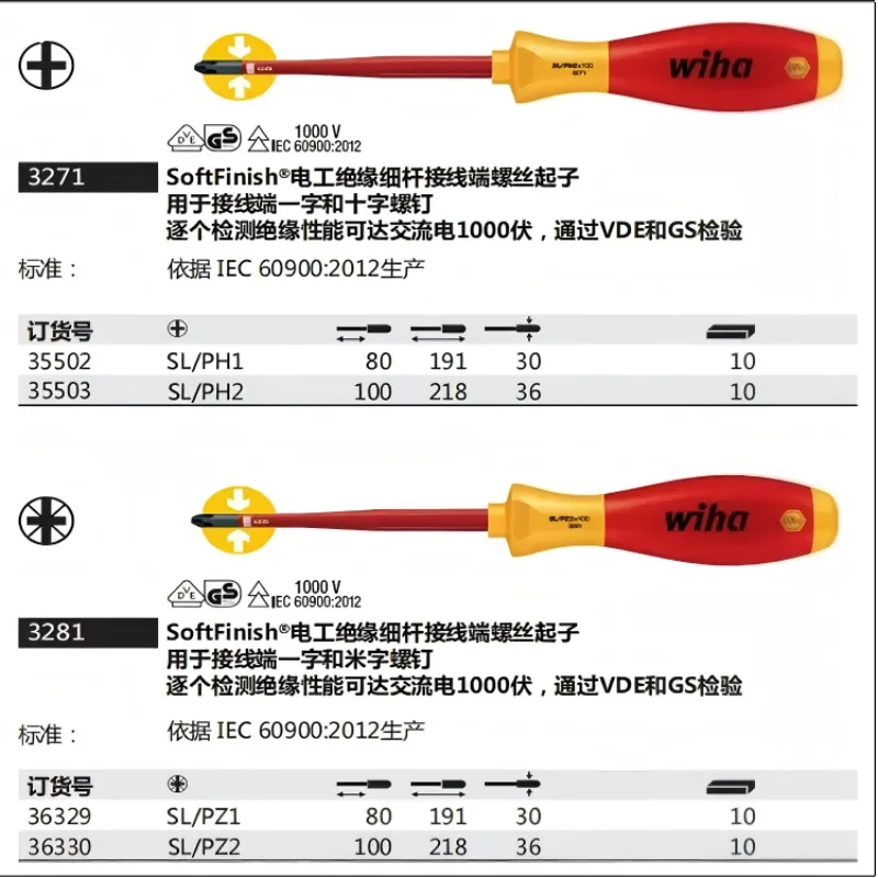 Wiha 3271/3281 Insulated Screwdriver 1000V VDE Certified PH and PZ Bits for Electricians GS Certified Electrical Tool Safety