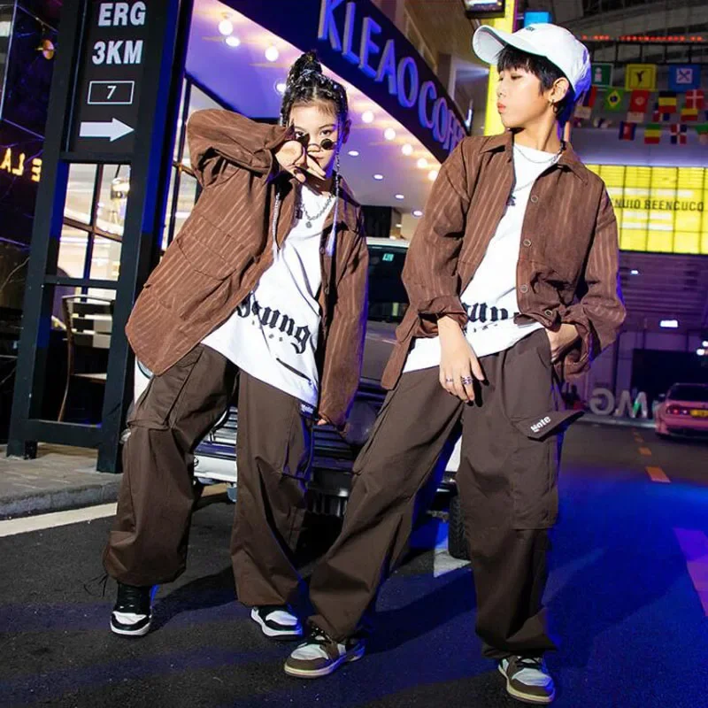 Pants For Girl Boy Jazz Dance Costume Kpop Clothes Kids Teen Cool Streetwear Hip Hop Clothing Oversize Brown Jacket Tops Joggers