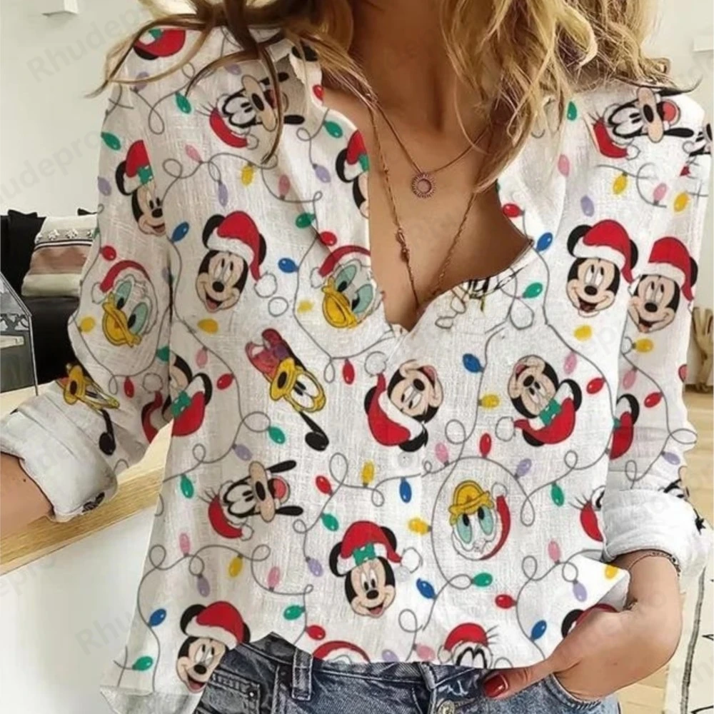 2025 Disneyฮาวายผู้หญิงเสื้อฤดูร้อนMinnie Mickeyแขนยาวเสื้อ 3Dพิมพ์แฟชั่นสบายๆY2Kผู้หญิงเสื้อยืด