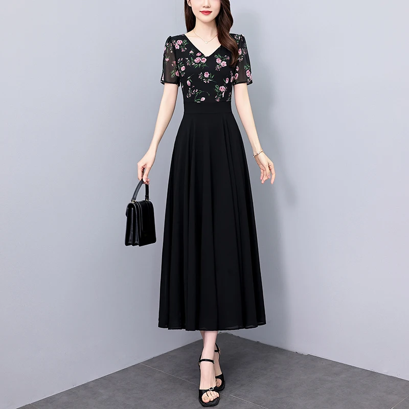 Letnia sukienka szyfonowa w kwiaty, elegancka, dopasowana, wyszczuplająca w talii, w stylu vintage, czarna, długa sukienka na imprezę, wieczór, Vestidos, nowość na lato 2025.