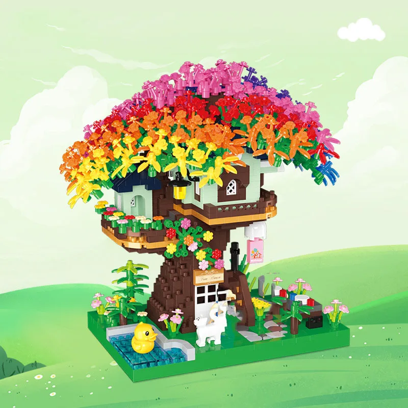 Idea Treehouse Architecture Micro Diamond Block Playset Rainbow Tree House Building Brick Figure Toys Nanobricks With Light