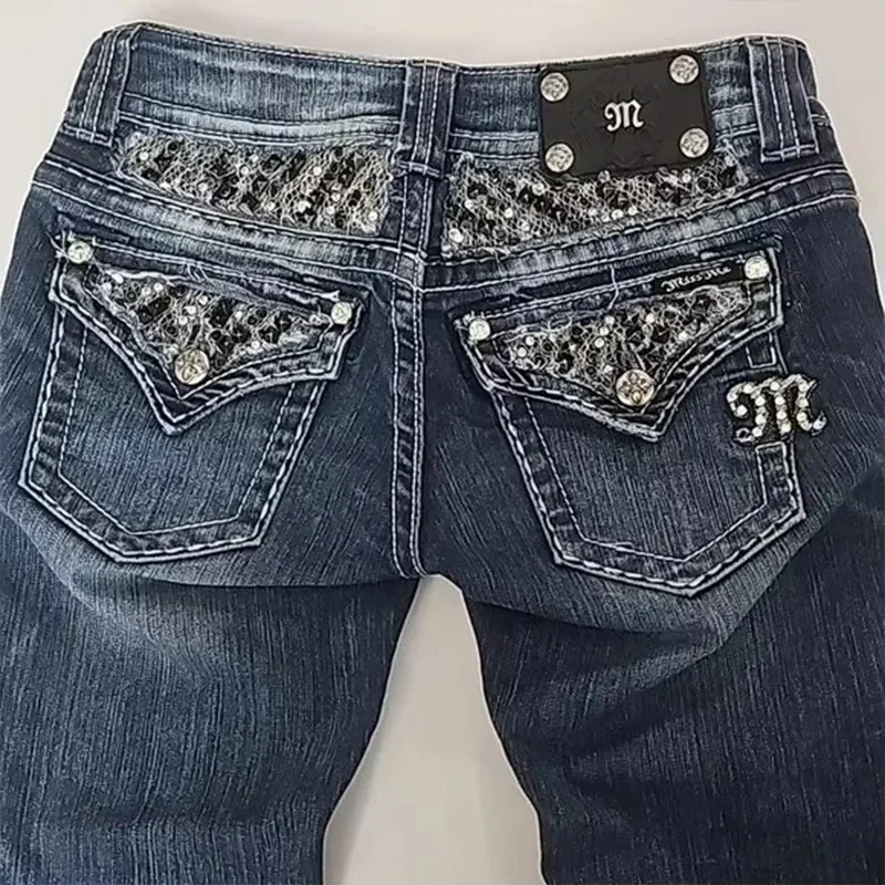 Vintage Goth Harajuku Jeans Y2K Streetwear Clothes Womens Pocket Sequin Washed Blue Slim-fit Jeans Sexy Girls Low-waist Trousers
