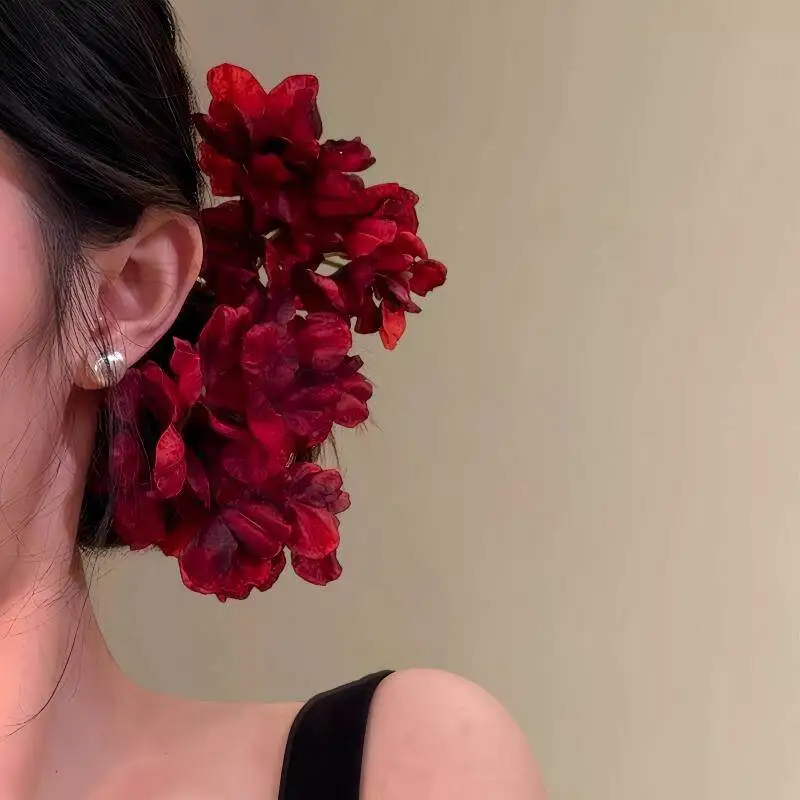2PCSRed Flower Hair Pins For Women Elegant Burgundy Artificial Floral Hair Barrettes Romantic Blossom Hair Accessory For Wedding image 3