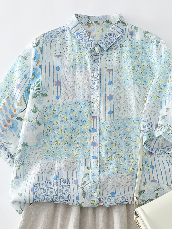 

Summer Floral Print Short Sleeve Shirt Women's Casual Loose Fit Breathable Skin-Friendly Comfortable Ethnic Style Top
