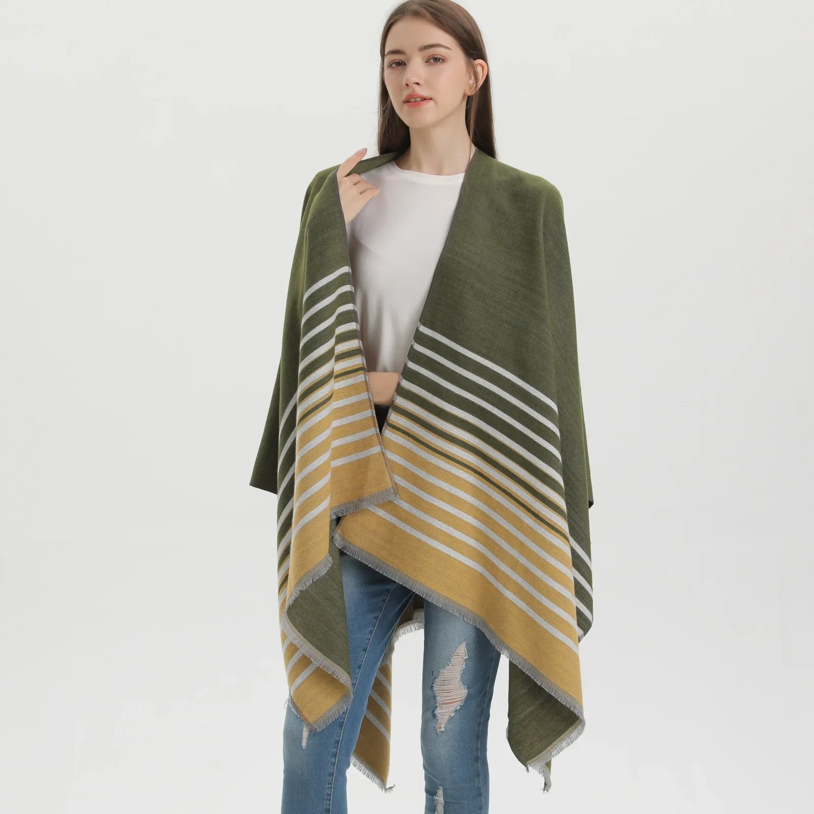 Capa Poncho para mujer, capa a la moda de imitación de Cachemira para otoño e invierno, chal para habitación con aire acondicionado estampado de doble cara