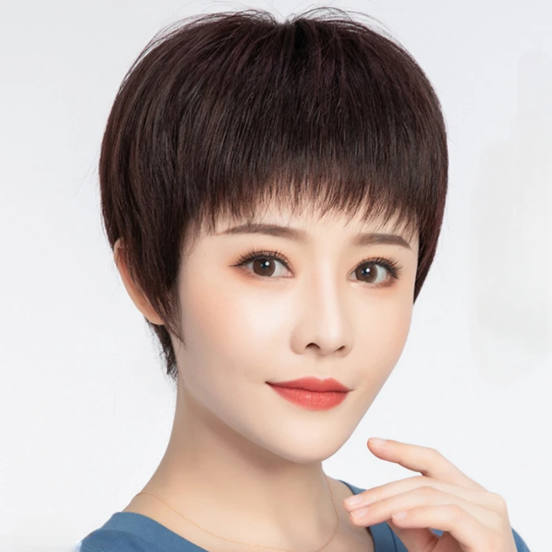 شعر بشري قصير نمط شعر مستعار للنساء الآسيويات في منتصف العمر وكبار السن آلية شعر مستعار طبيعي واقعي تنفس 2 ألوان الاستخدام اليومي #1