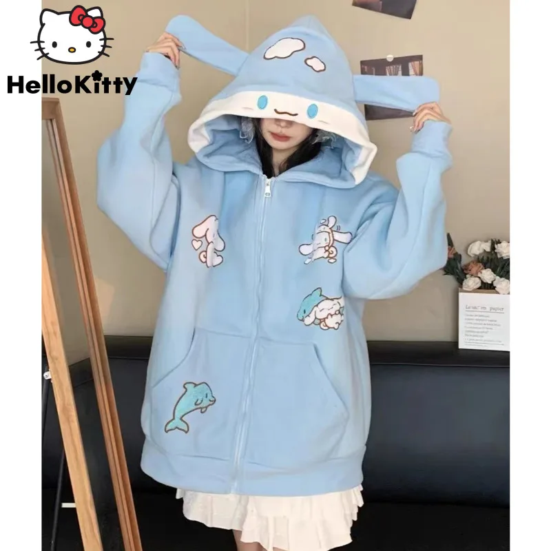 

Новинка, милые синие толстовки Sanrio Cinnamoroll, осенне-зимний Свободный свитшот, Женская куртка на молнии в Корейском стиле, милые японские Топы Y2k