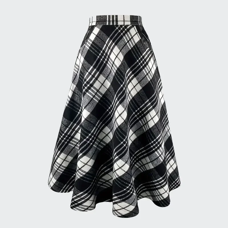 여성을위한 우아한 격자 무늬 롱 스커트 가을 두꺼운 패션 여성의 높은 허리 a 라인 미디 스커트 Office Lady Loose Pocket 스커트