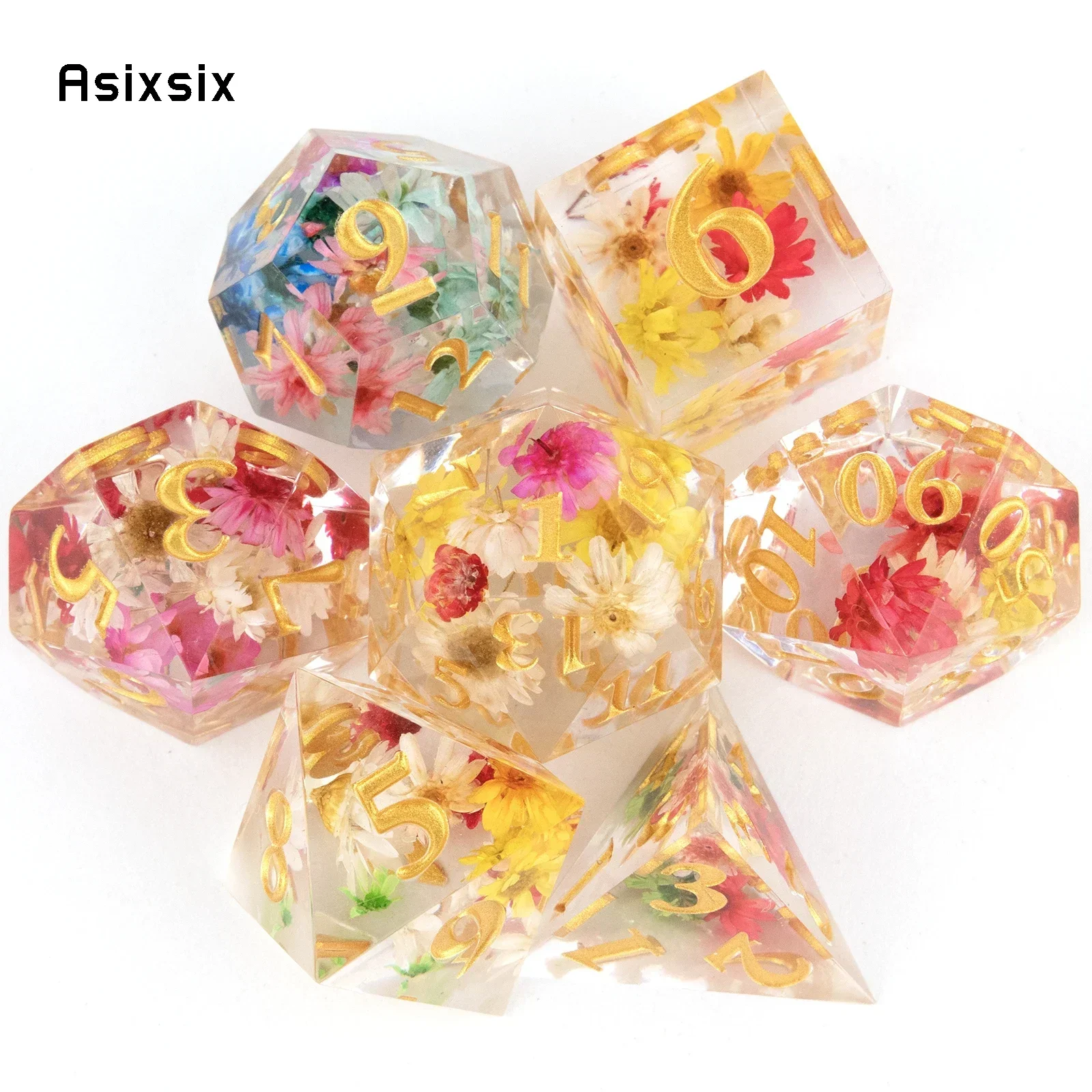

7 Pcs Flower Resin Golden Number Sharp Edge Dice Polyhedral Dice Suitable for Role-Playing RPG Board Party Dice Prop