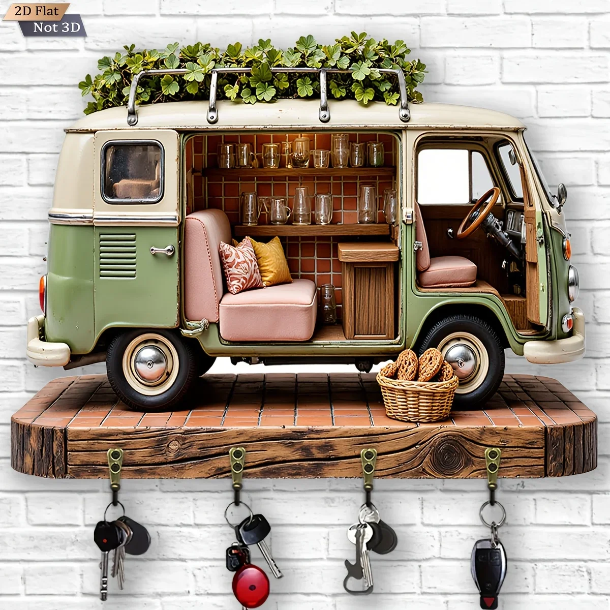 2D Flat, 1pc, Vintage Bus Theme Style Key Hook, Wooden Multi-functional Home Key Holder with Four Metal Hooks, Wall Decoration,
