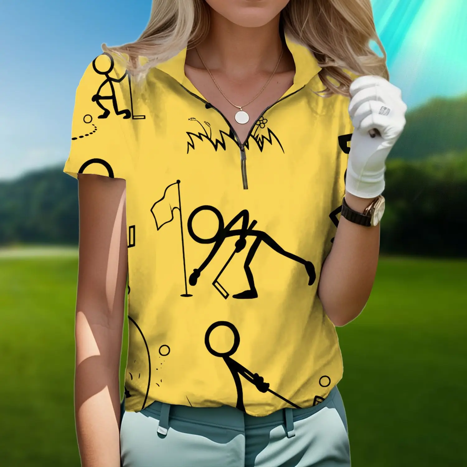 Creative And Personalized Women's Summer Lapel Zippered Short Sleeved Polo Shirt With Simple Pen Figure Pattern TopMB13