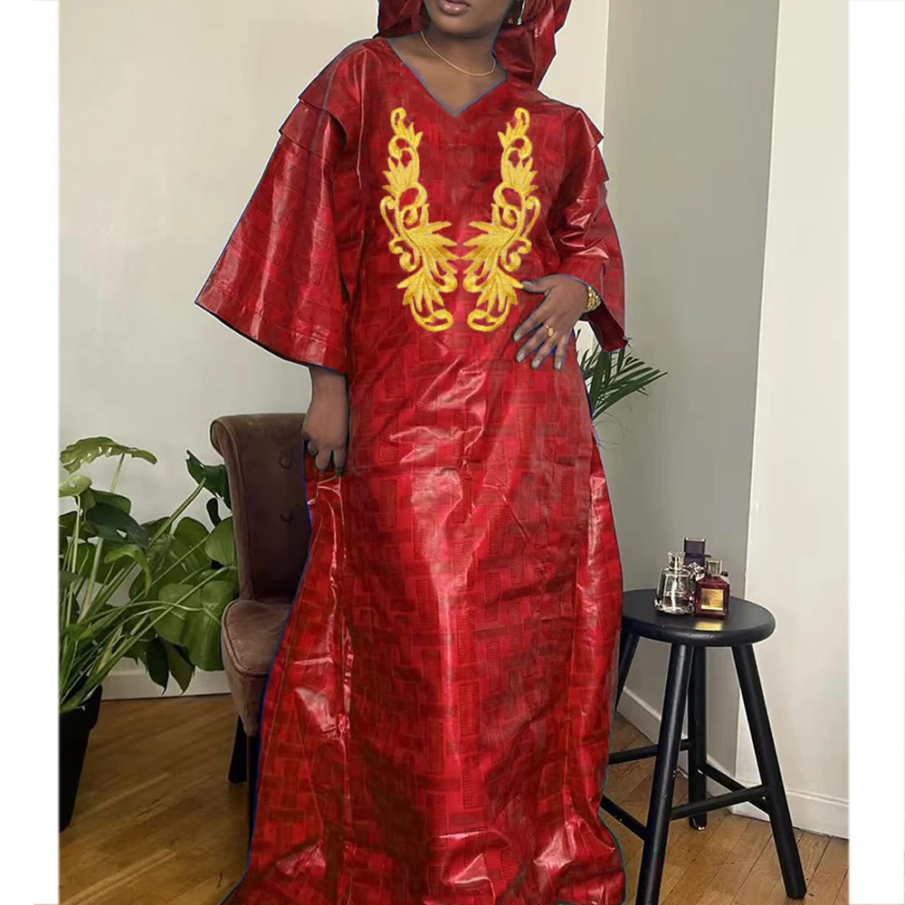 

African Bazin Riche Long Dresses For Ankara Women Daily Clothes Dashiki Robe Wedding Party Top Quality Basin Dresses With Scarf