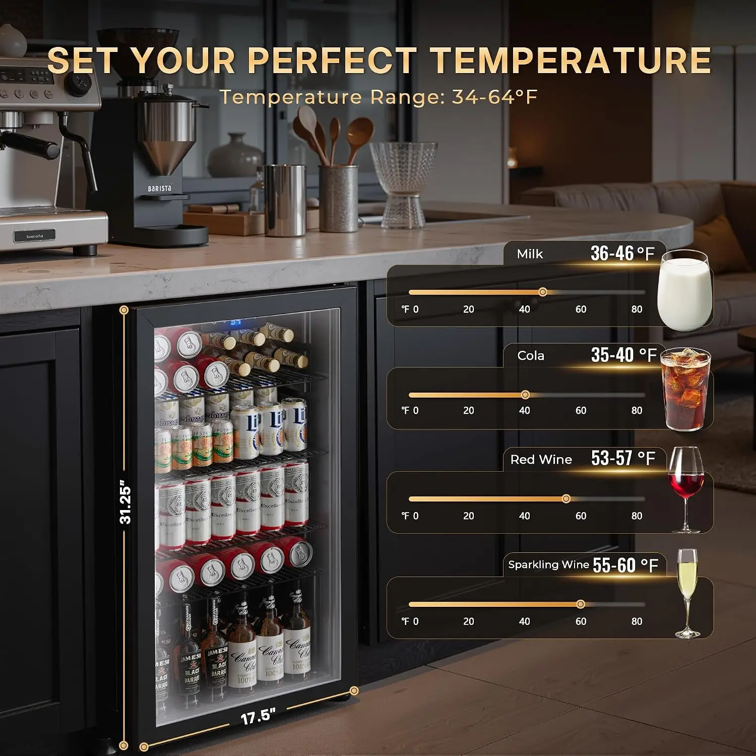 3.2 Cu.ft Beverage Refrigerator, Glass Door Mini Fridge, LED Light, Adjustable Shelves, 34-64°F, Bedroom Office Bar, Customized