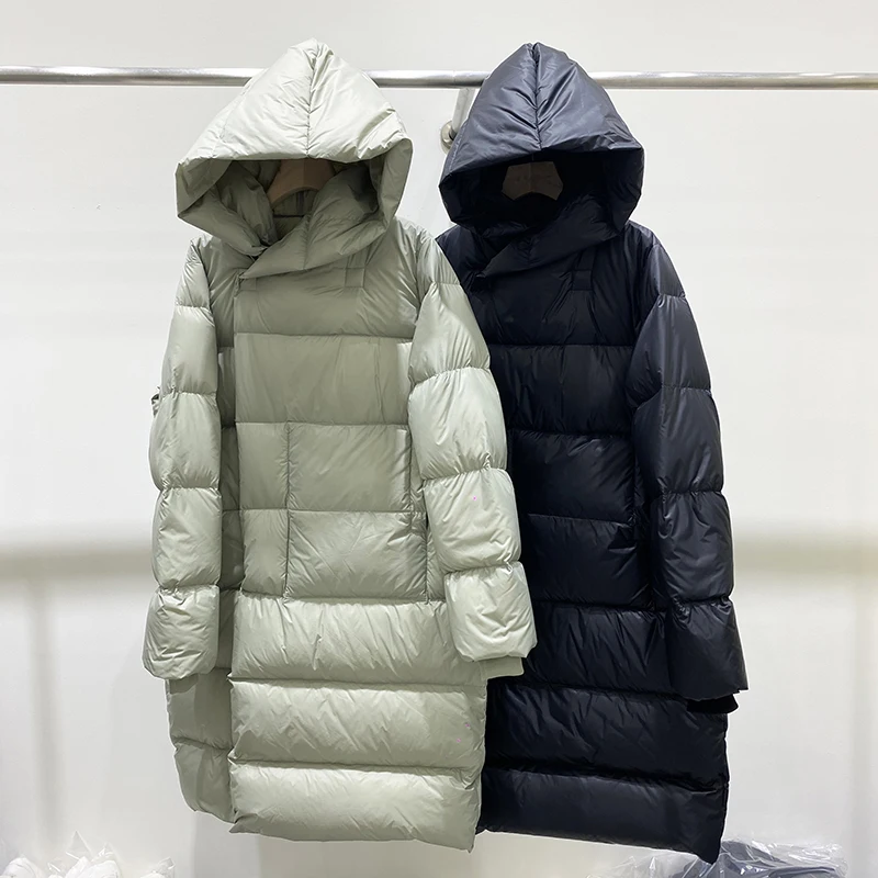 

New Women White Duck Down Coat 2023 Fashion Windproof Solid Hooded Puffer Jackets Casual All-Match Mid-Length Parkas